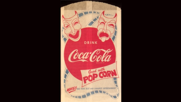 Coca-Cola branded movie theatre popcorn bag from 1950