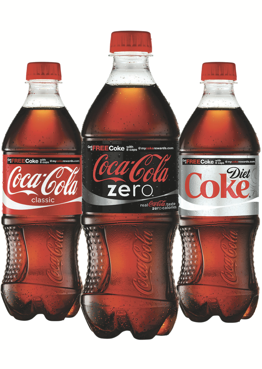 20oz botles of Coca-Cola Zero, Coca-Cola Classic, and Diet Coke