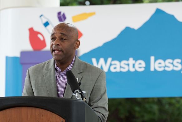 Denver Mayor Michael B. Hancock announces the recycling education campaign at a June 18 press event.