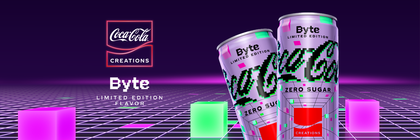 Coca Cola Creations Byte Can with Pixelated Logo on Grid Background