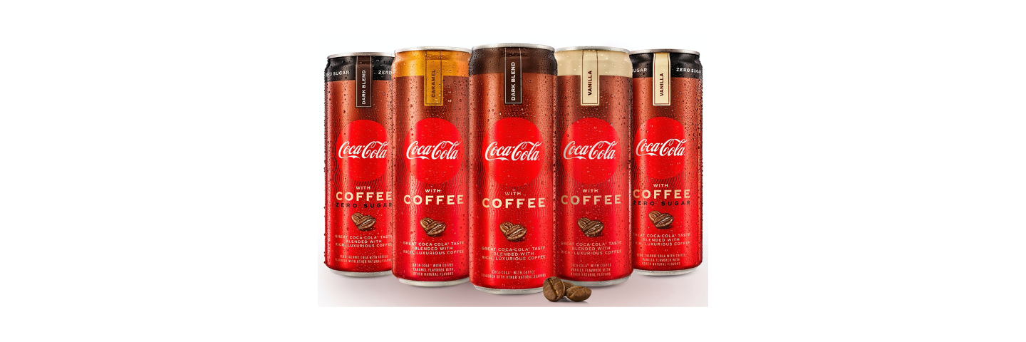 Four Coca-Cola with Coffee cans and one Coca-Cola with Coffee Zero Sugar can.