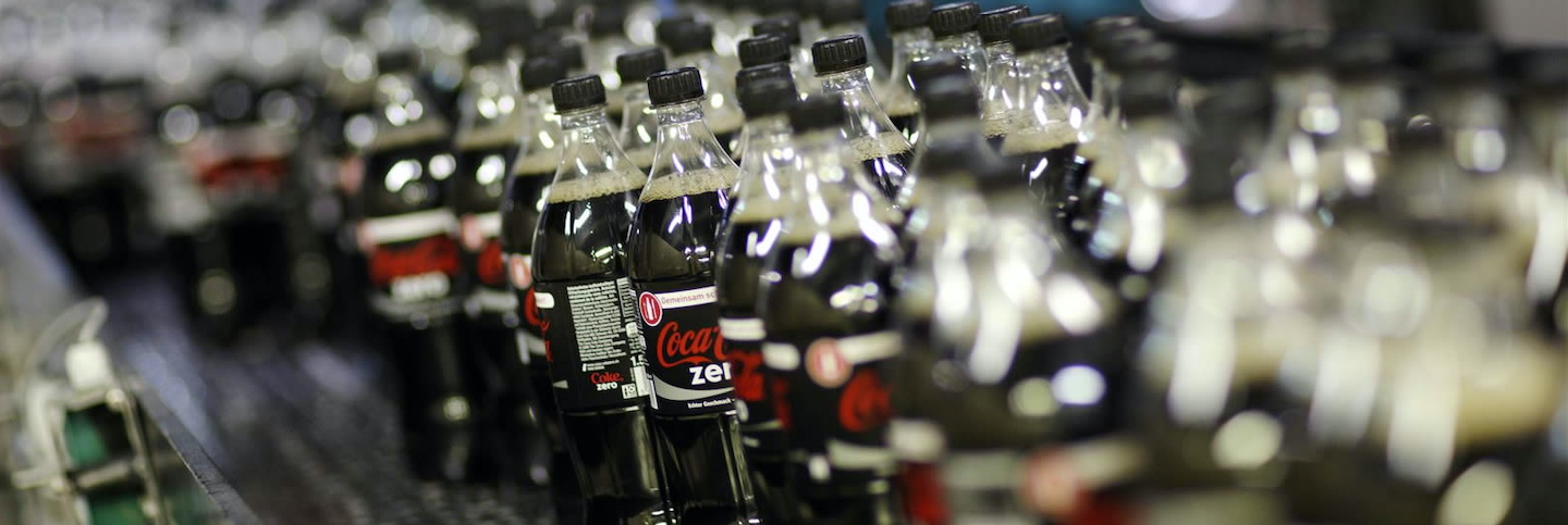 Coke Zero bottles at factory