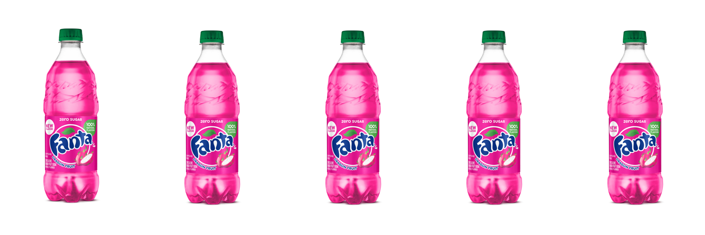 Five 20-oz PET bottles of Fanta Dragon Fruit Zero Sugar 20-oz PET bottles of Fanta Dragon Fruit Zero Sugar
