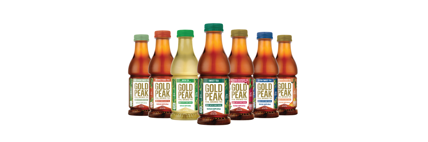 Seven Bottled Gold Peak Flavors Seven differently colored and flavored bottles of Gold Peak