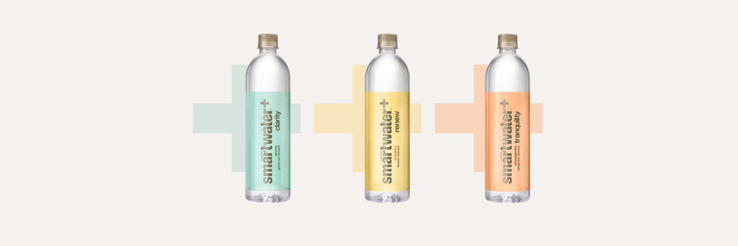 Bottles of clarity, renew, and tranquility flavored smartwater+
