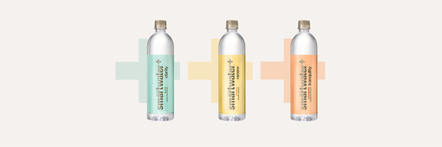 Bottles of clarity, renew, and tranquility flavored smartwater+ Bottles of clarity, renew, and tranquility flavored smartwater+