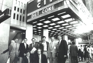 Members of the Diet Coke team beneath the Radio City Music Hall marquee before the filming of the brand’s debut TV commercial.