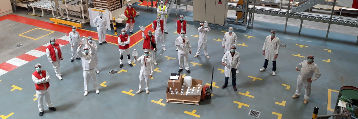 Volunteers from the Coca-Cola Midi concentrate plant in France produced hand sanitizer to donate to local health authorities. Volunteers from the Coca-Cola Midi concentrate plant in France produced hand sanitizer to donate to local health authorities.
