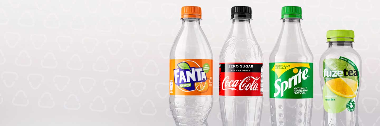 Recycled plastic packaging fanta coke zero sugar sprite fuze tea