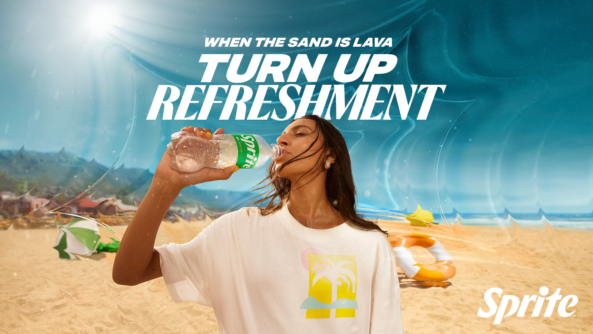 Woman drinking a bottle of Sprite on the beach. Text: When the sand is lava turn up the refreshment.