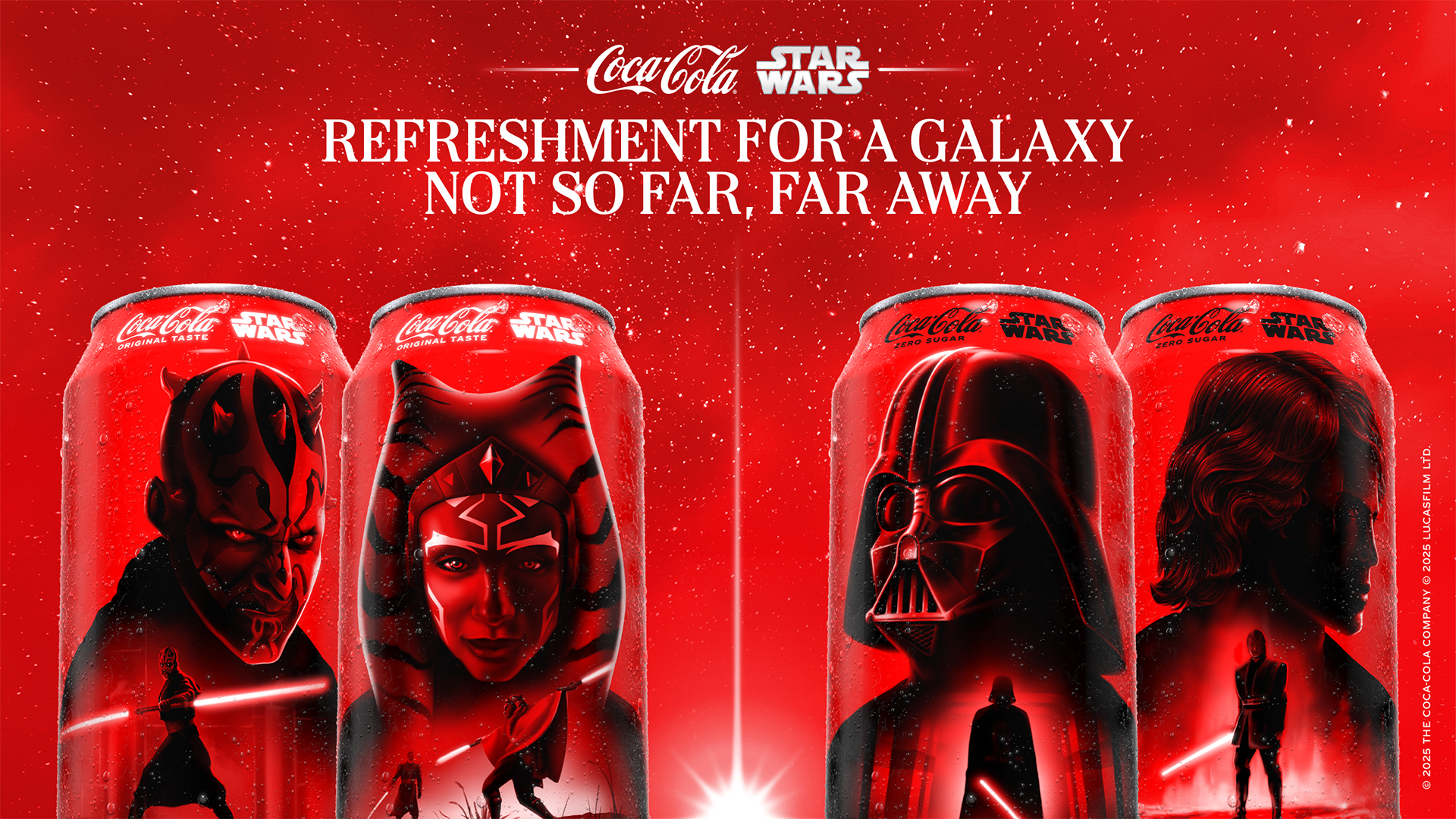 Lineup of 4 limited edition Coca-Cola and Coca-Cola Zero Sugar cans with Star Wars characters on them.