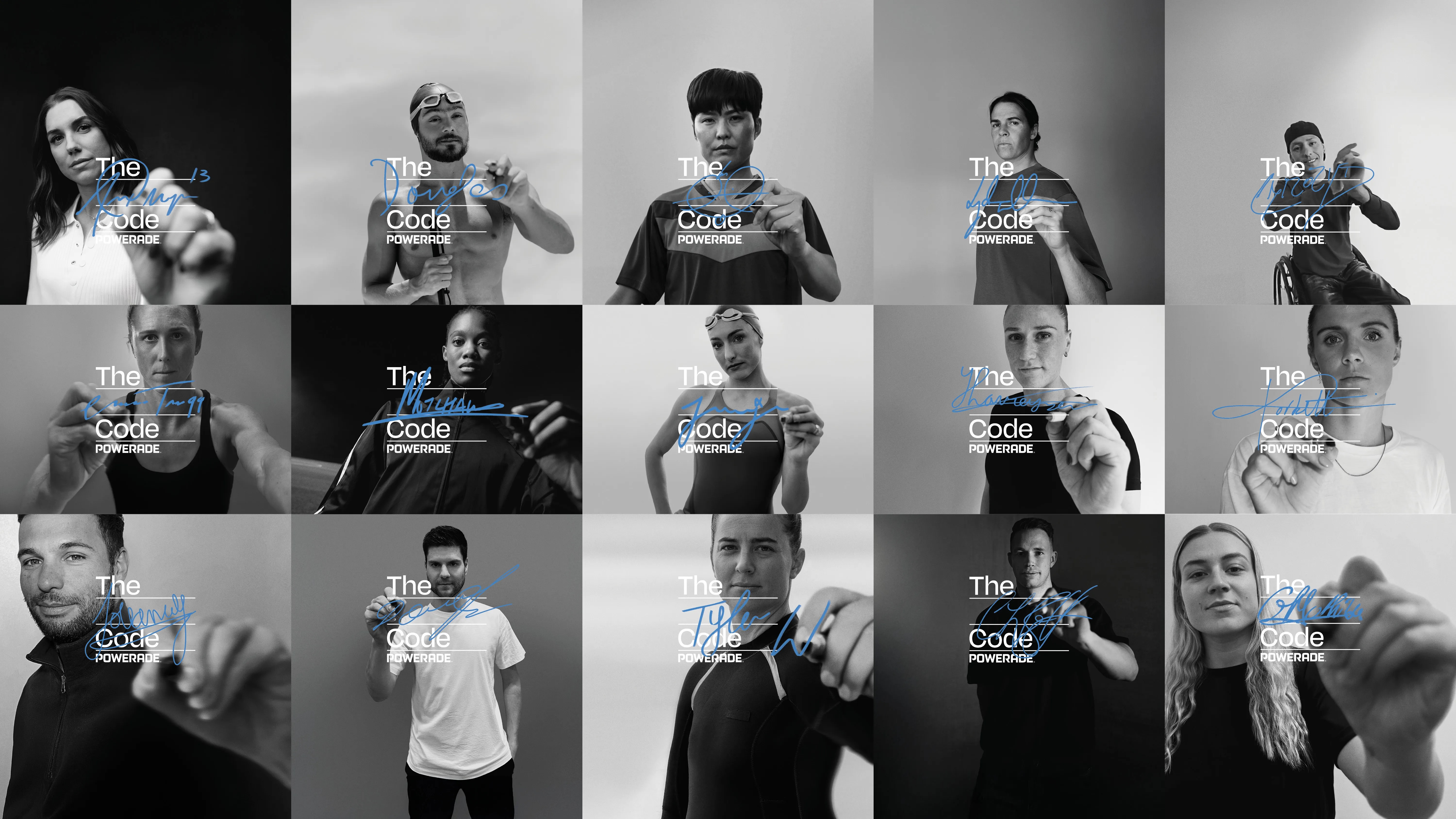 Black and white collage of 15 athletes signing their names