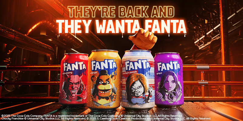 4 Fanta cans with limited edition packaging featuring different horror movie characters