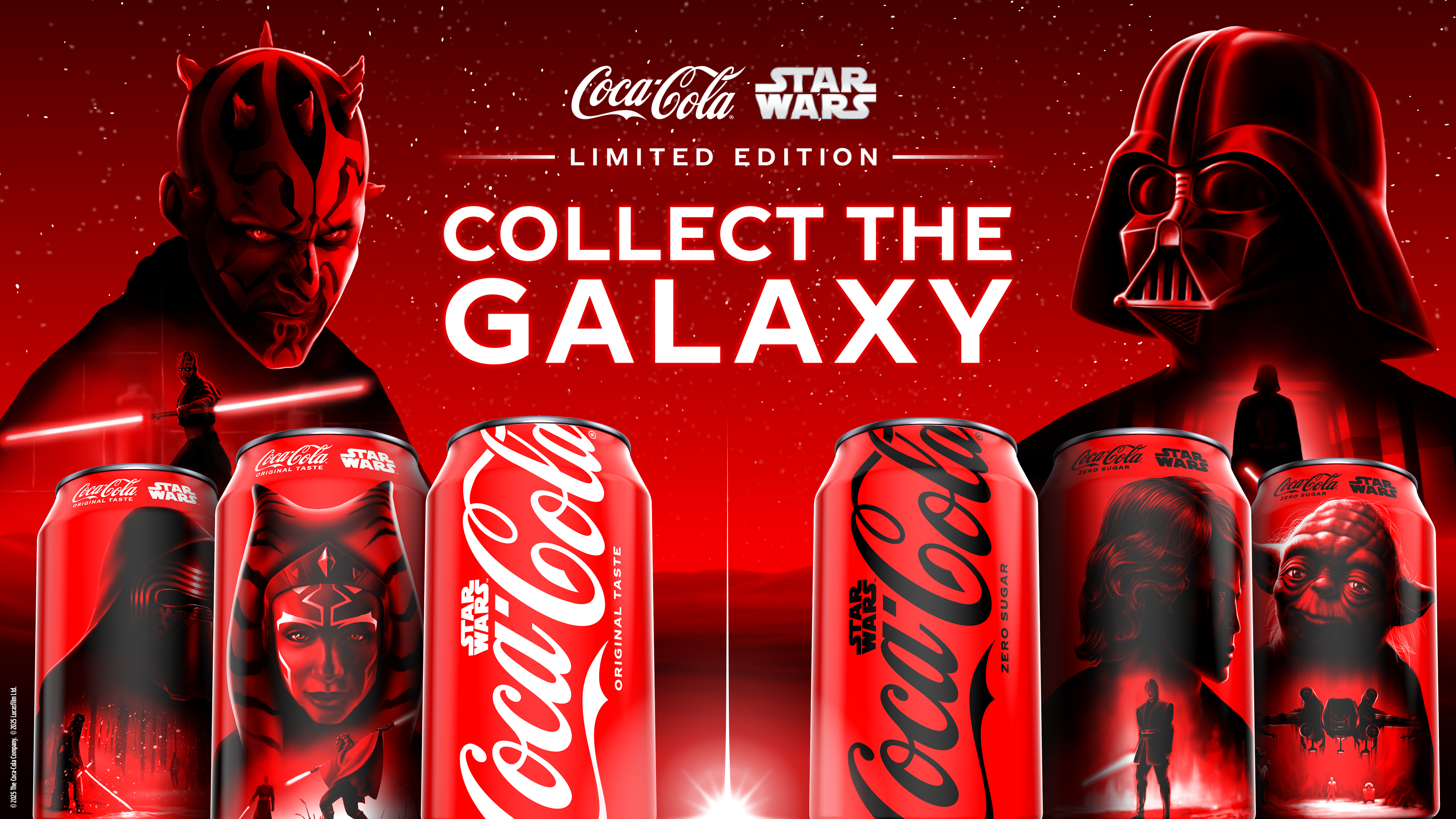 Lineup of 6 limited edition Coca-Cola and Coca-Cola Zero Sugar cans with Star Wars characters on them and Darth Vader and Darth Maul in the background.