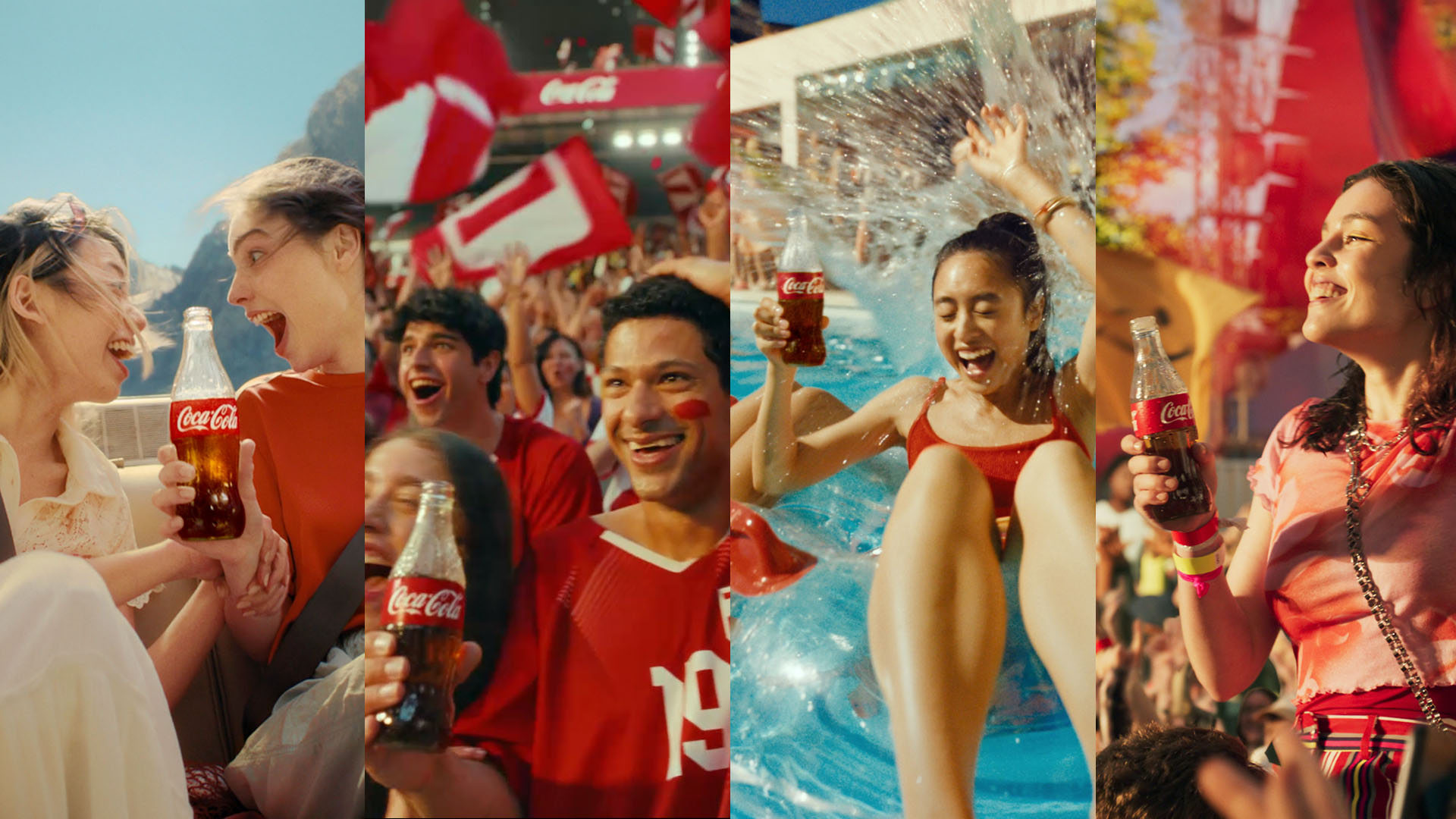 A montage of 4 images showing people having fun and enjoying a Coca-Cola