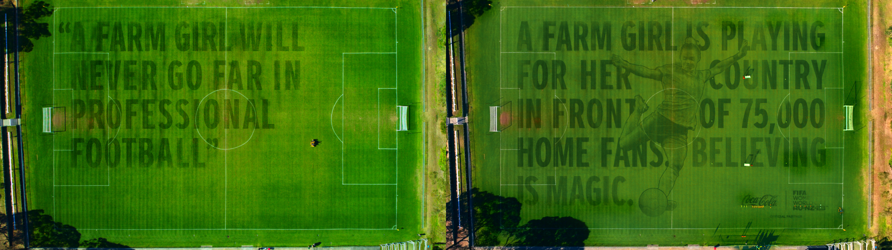 Overhead images of football pitches showing the messages superimposed on them