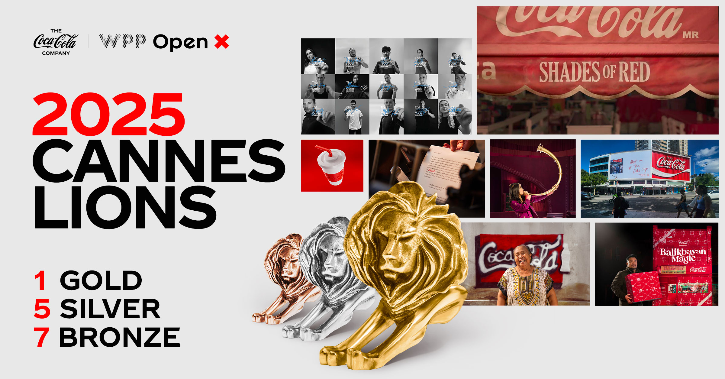 Image showing counts for The Coca-Cola Company's 2025 Cannes Lions awards with images of different winning campaigns