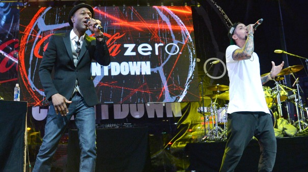 LOS ANGELES, CA - APRIL 19:  Singer Aloe Blacc (L) and singer David Correy perform at the FIFA World Cup Trophy Tour By Coca-Cola at L.A. Live on April 19, 2014 in Los Angeles, California.  (Photo by Michael Buckner/Getty Images for Coca-Cola)