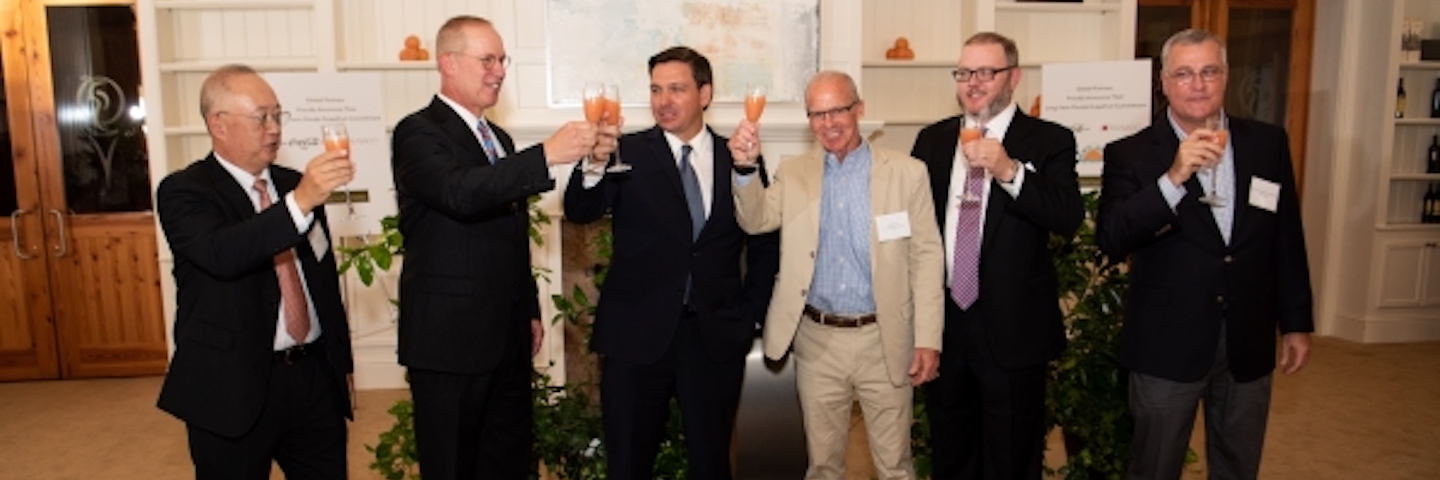 From left: Naoki Mizuno, Takasago International Corporation; Andy Taylor, Peace River Citrus Products; Florida Governor Ron DeSantis; Dan Richey, Scott Family Companies; Mark Westfall, The Coca-Cola Company; and Florida State Senator Ben Albritton.