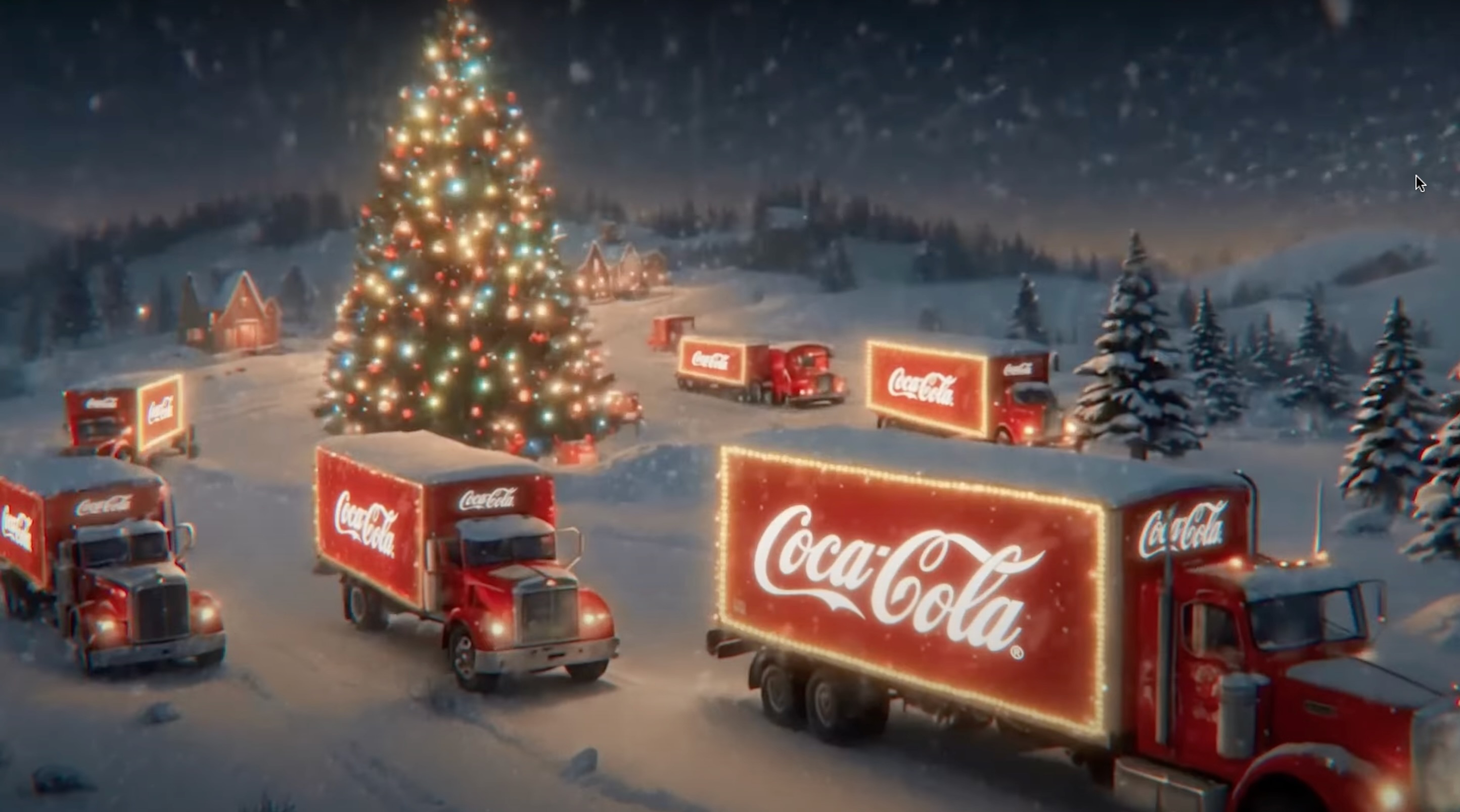 Multiple Coca-Cola trucks in the snow