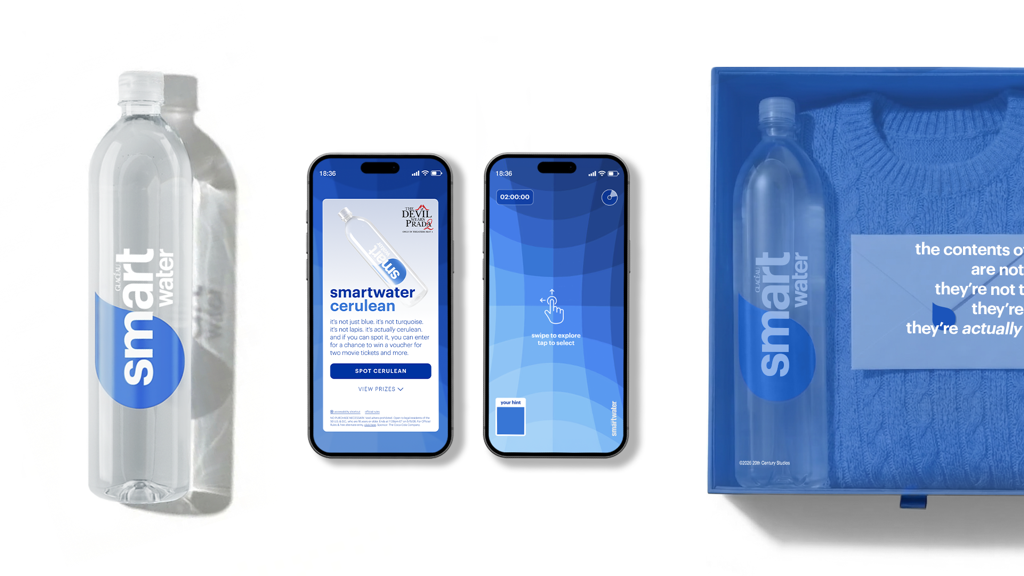 limited edition cerulean smartwater bottle, a phone showing the digital challenge, and a box containing a smartwater bottle and a cerulean sweater