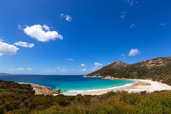 Little Beach with white sand, beautiful sapphire blue shade of sea water, Mt Gardner at Two peoples Bay conservation reserve in Albany, Western Australia.